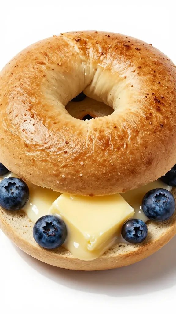 toasted blueberry bagel half with melting butter pat