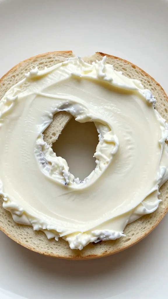 cream cheese schmear on single blueberry bagel half