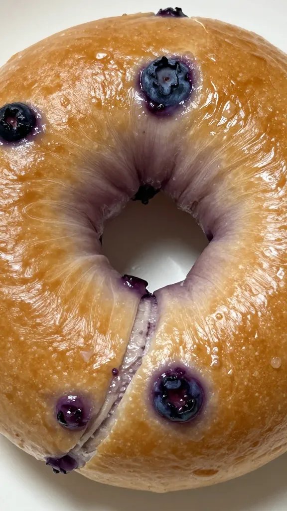 glossy boiled blueberry bagel surface with purple blisters