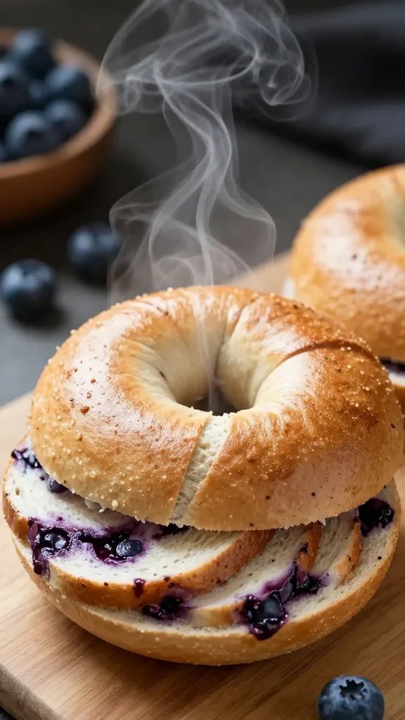steam rising from freshly sliced blueberry bagel