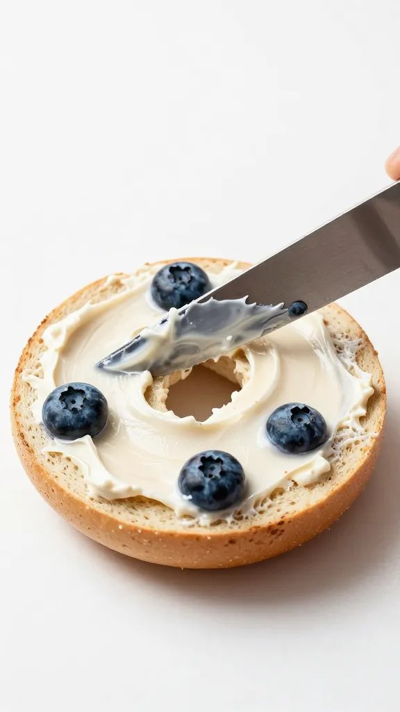 knife spreading schmear on toasted blueberry bagel