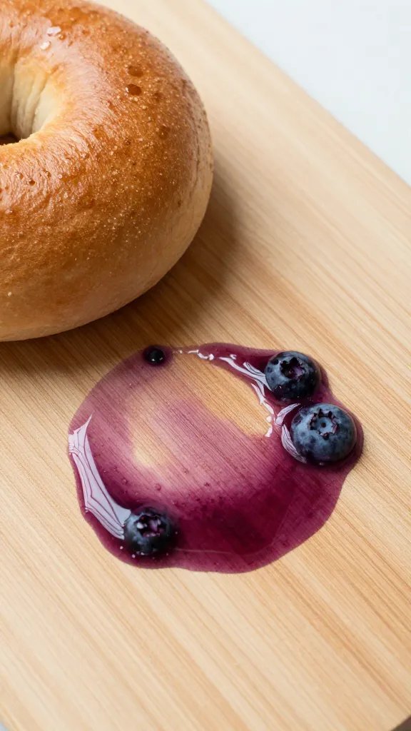 blueberry juice stain on cutting board beneath bagel