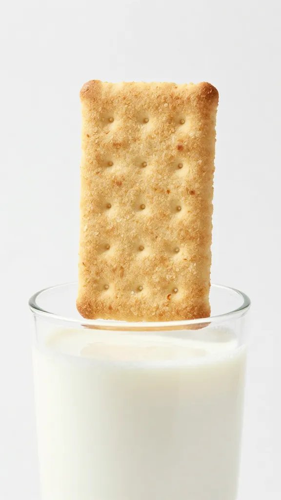 protein graham cracker balanced on glass of milk rim