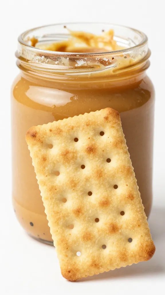 single graham cracker leaning against jar of almond butter