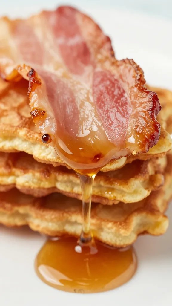 closeup bacon flapjack dipper dripping maple syrup