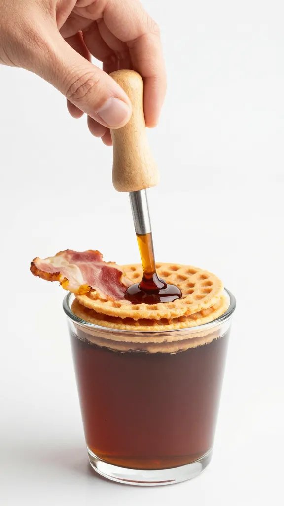 handheld bacon flapjack dipper above syrup cup