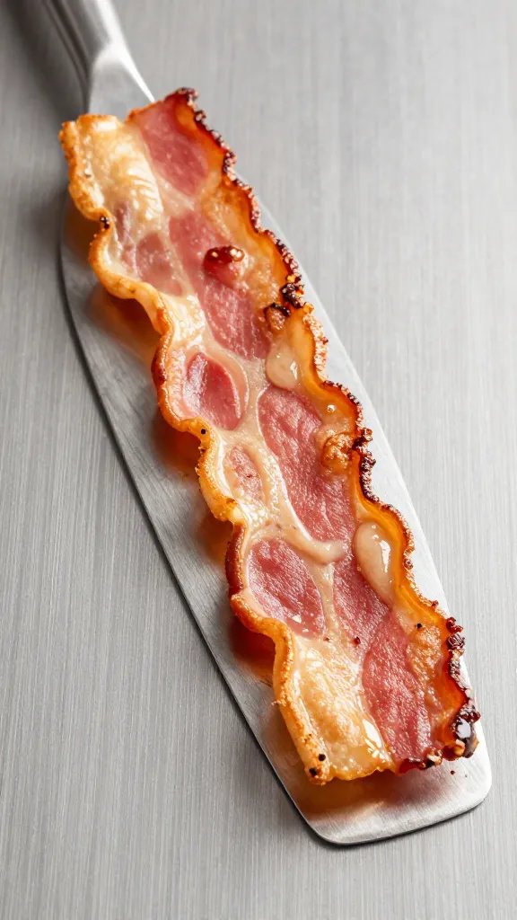 bacon flapjack dipper resting on stainless steel spatula
