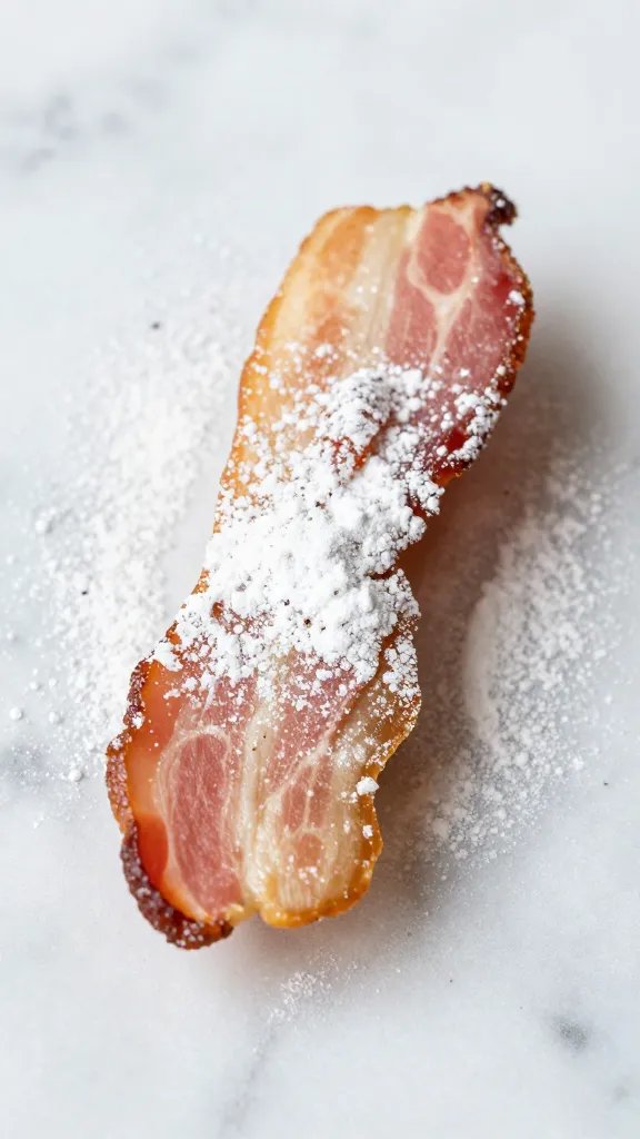powdered sugar-dusted bacon flapjack dipper on marble surface