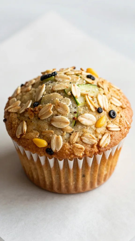 closeup of single zucchini oat muffin on parchment