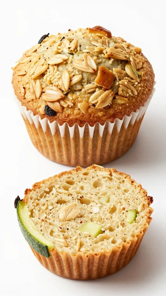 single sliced zucchini oat muffin showing moist crumb