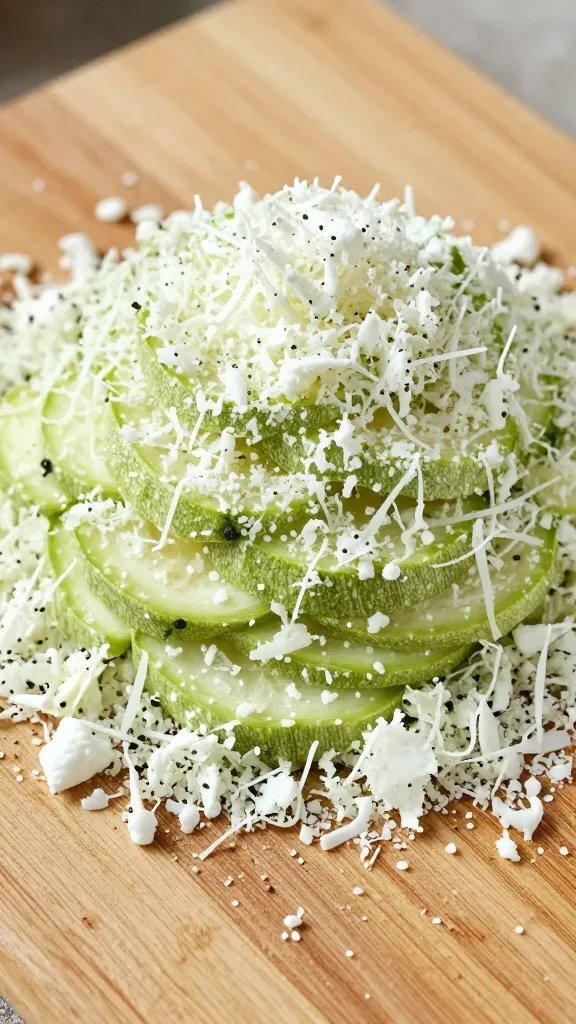 mound of freshly grated zucchini on wooden board