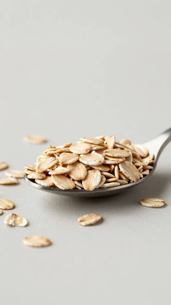 heaping spoon of rolled oats on neutral background