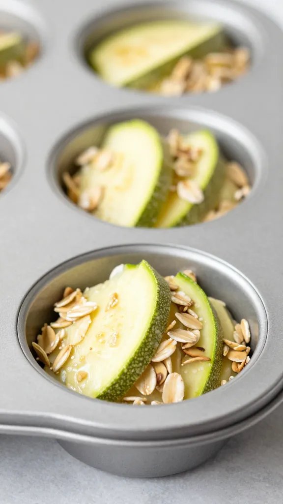 batter-filled muffin cup with visible oats and zucchini