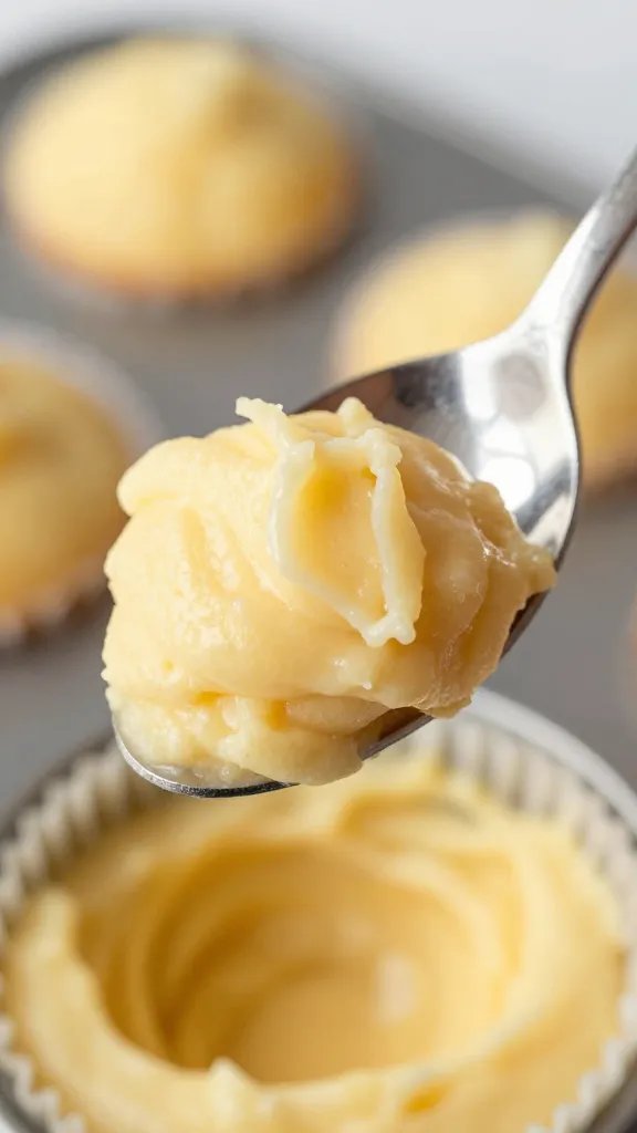 vanilla-streaked muffin batter on metal spoon closeup