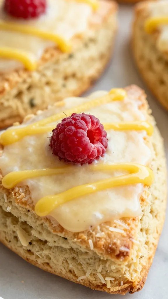 closeup raspberry lemon scone with lemon glaze drizzle