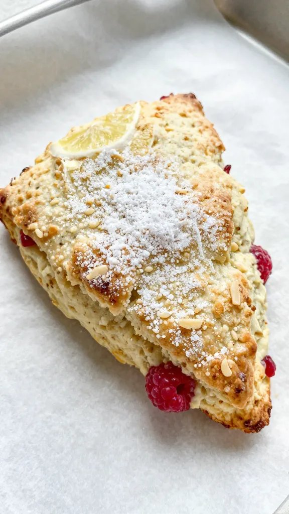 single raspberry lemon scone on parchment, sugar crust visible