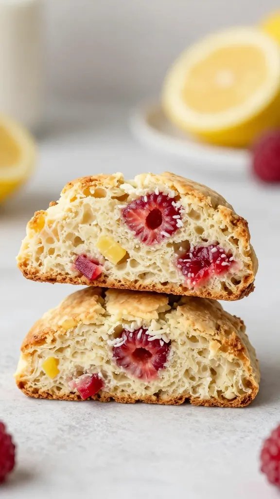 halved raspberry lemon scone showing flaky interior