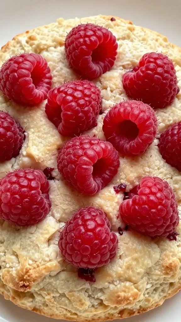closeup of fresh raspberry pressed into scone top