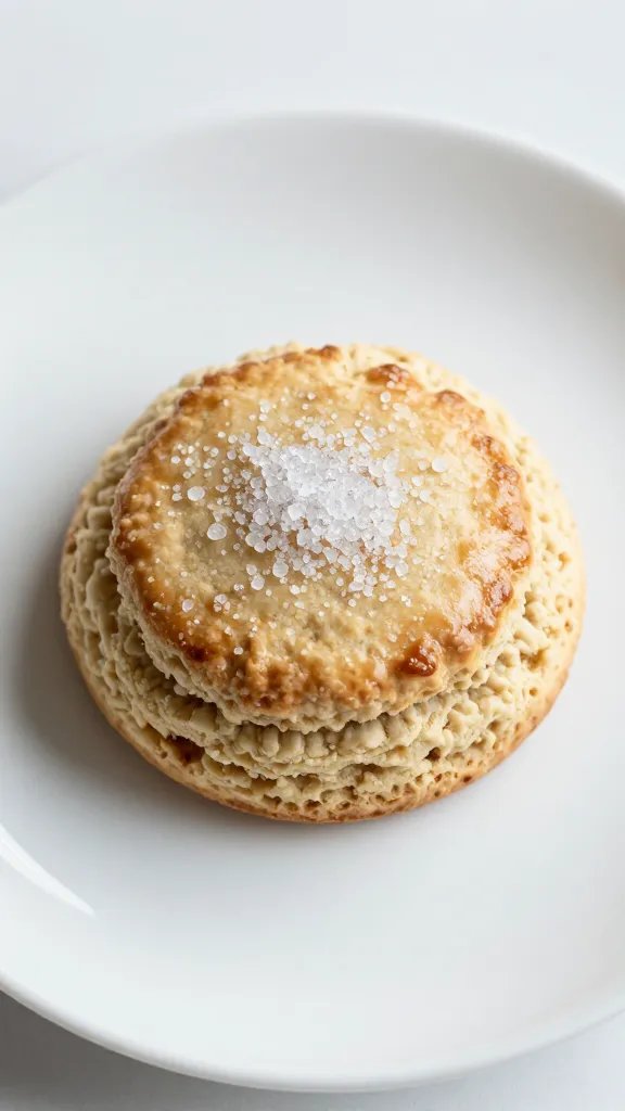 single scone on white plate with microcrystalline sugar