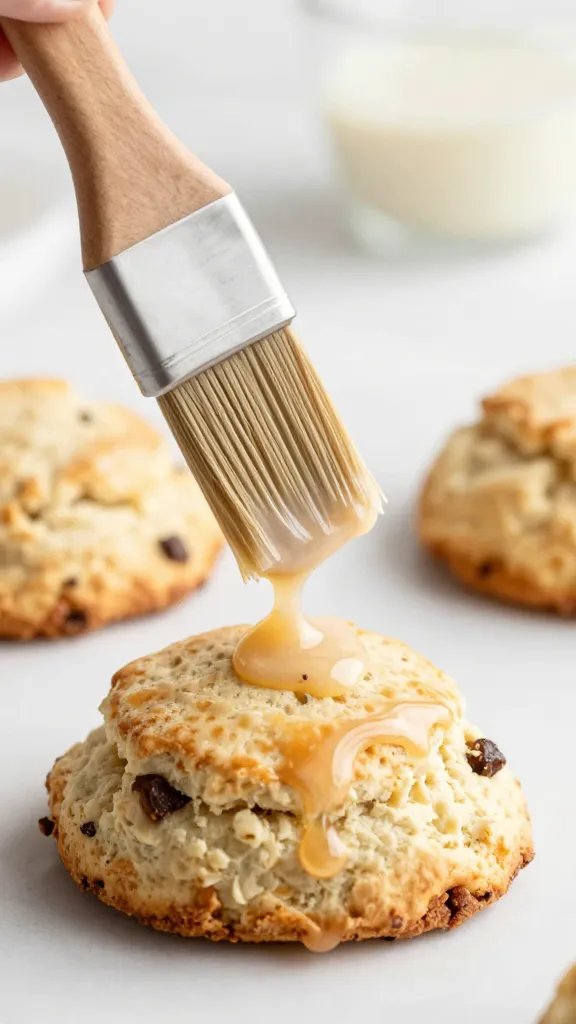 pastry brush glazing one scone, drip mid-motion