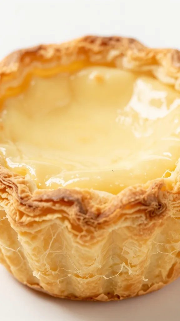 closeup of flaky puff pastry quiche cup, golden edges