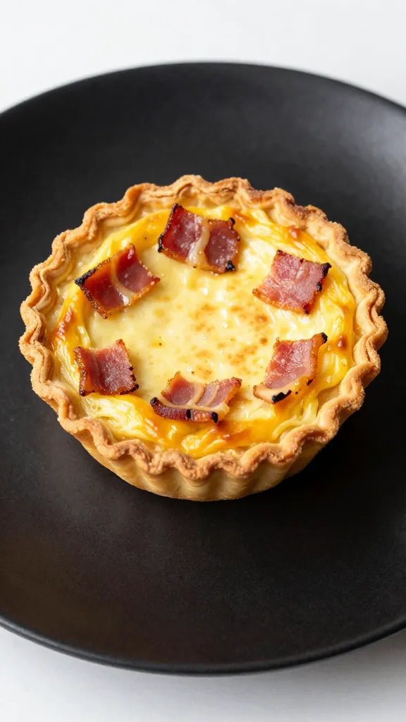 bacon-studded quiche cup on matte black plate