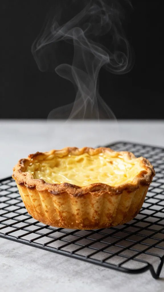quiche cup on cooling rack, steam rising, shallow depth