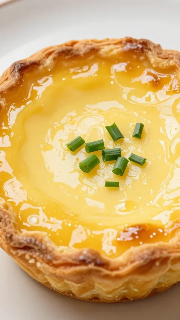 glossy custard surface on quiche cup, sprinkled chives