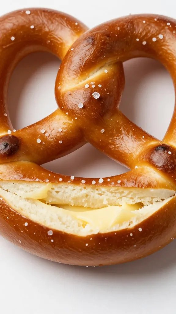 Butter-glossed pretzel bite, coarse salt, macro shot