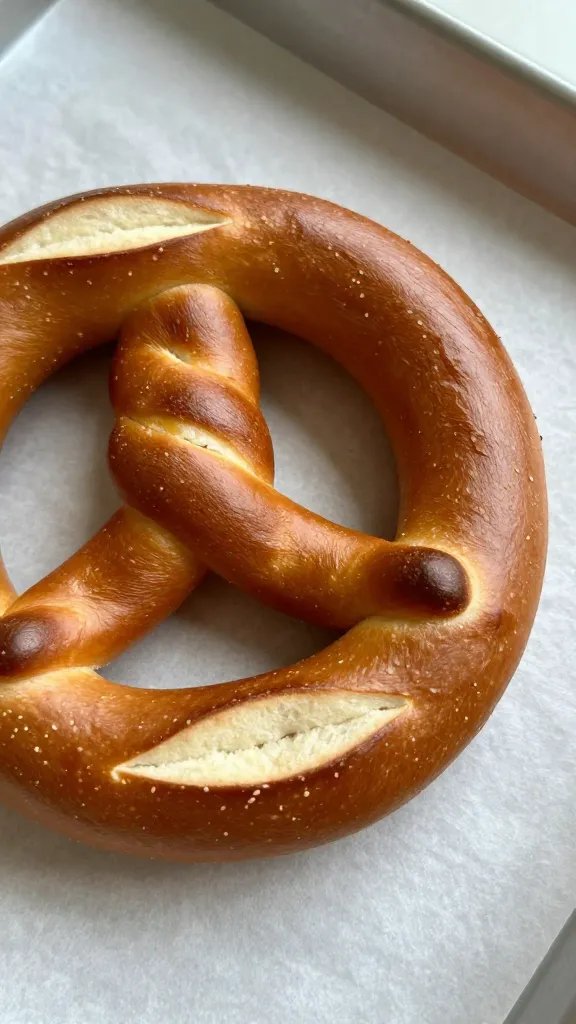 Single pretzel bite on parchment, bronzed crust closeup