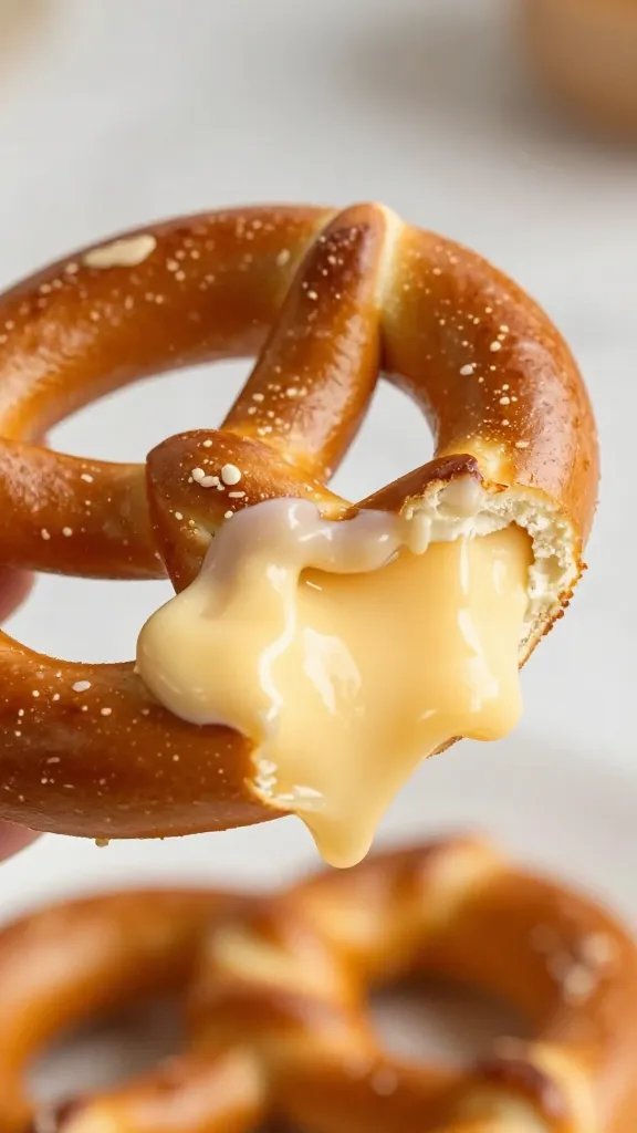 Pretzel bite being dipped into molten cheese, closeup