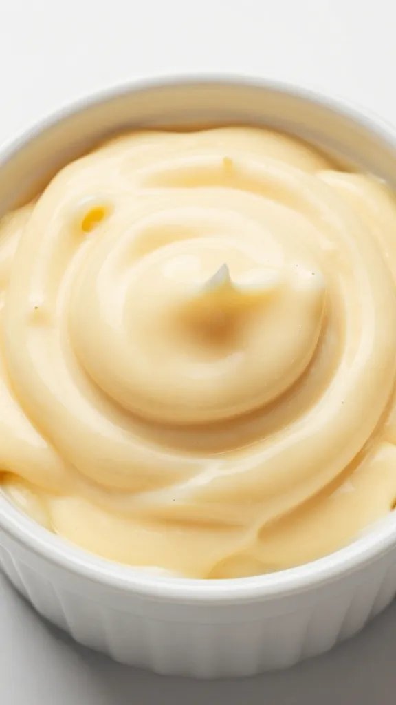 Cheese sauce swirl in small ramekin, overhead closeup