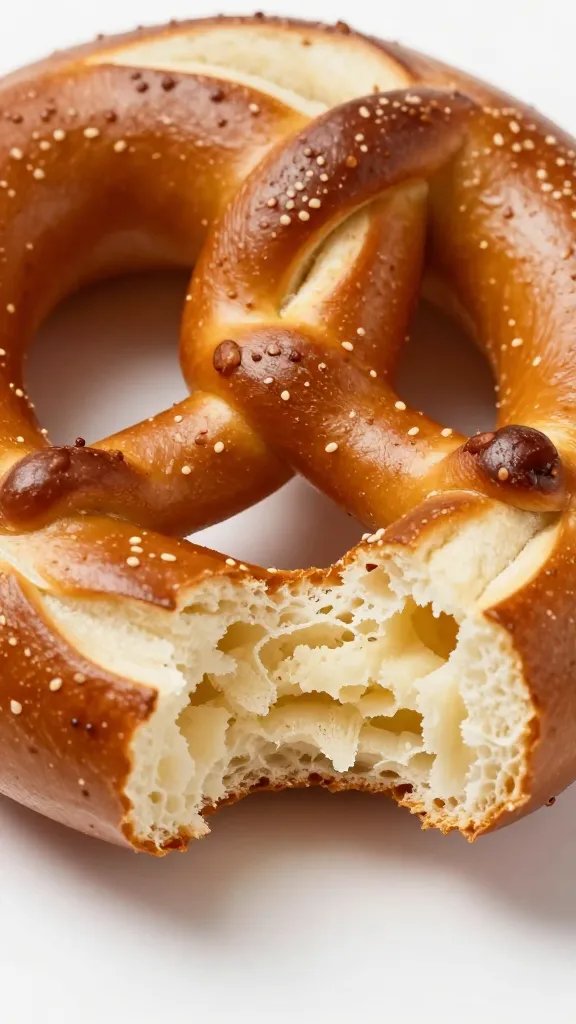 Split pretzel bite showing chewy interior, macro