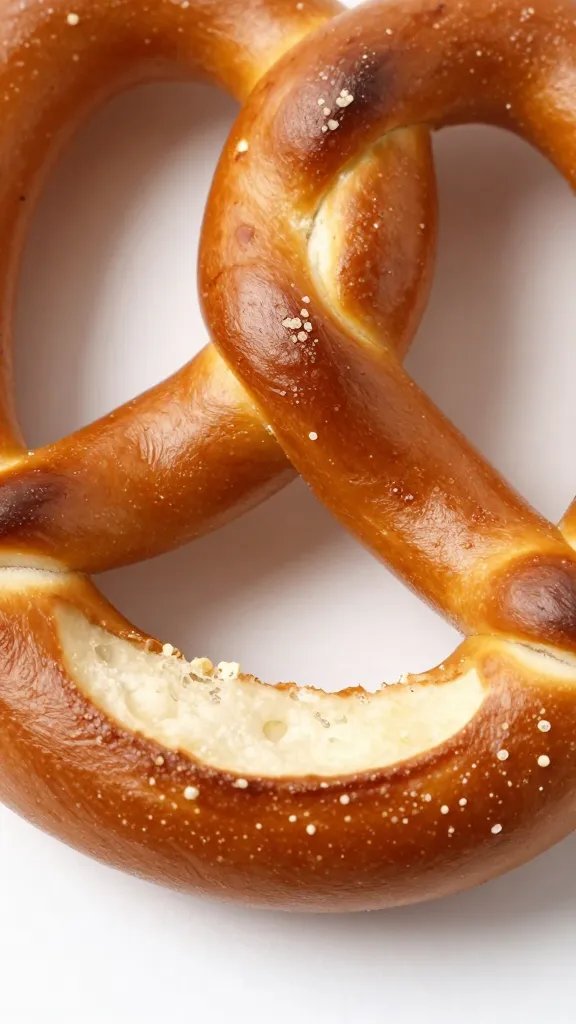 Pretzel bite with visible baking soda blisters, closeup