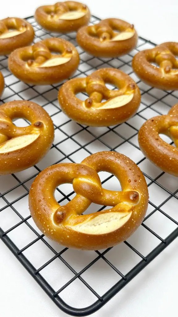 Golden pretzel bite on cooling rack, shallow depth