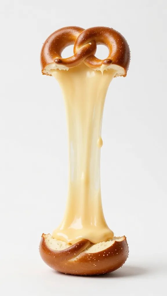 Dripping cheese ribbon from pretzel bite, tight crop