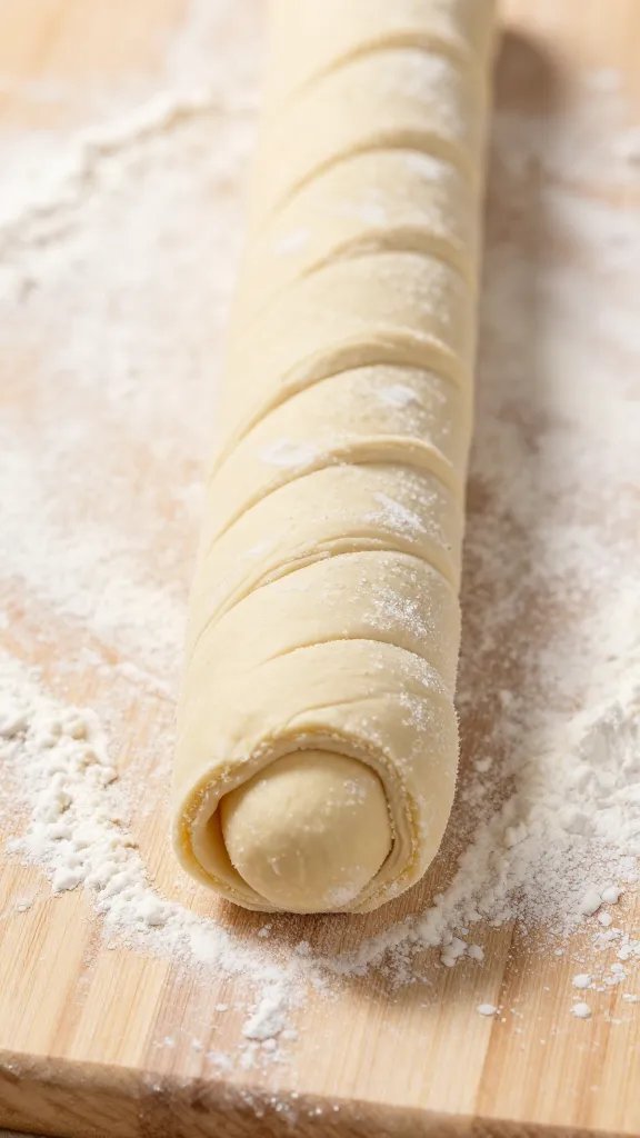 Dough rope segment before cutting bites, floured board closeup