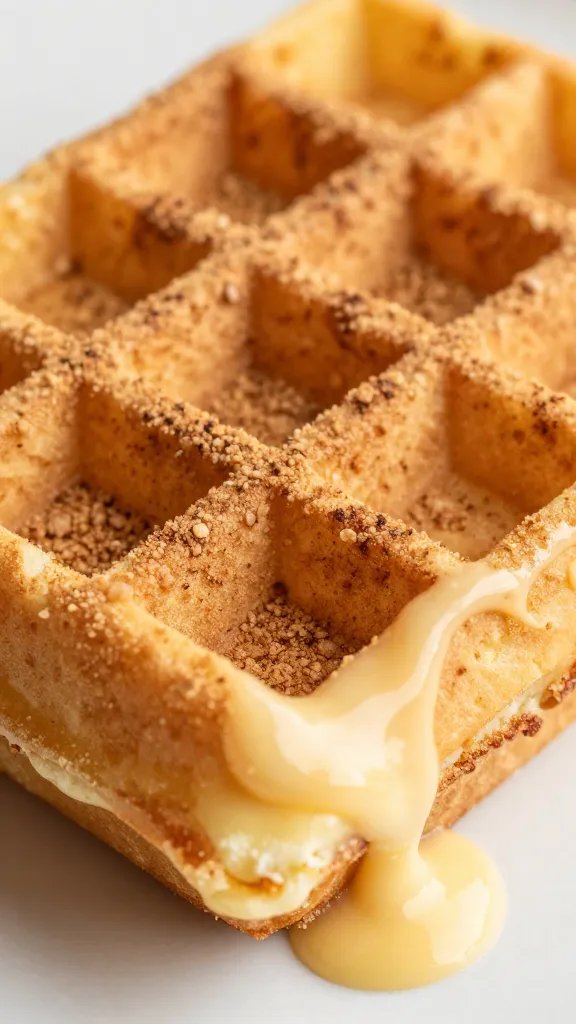 macro of cinnamon-dusted waffle peak with custard glaze