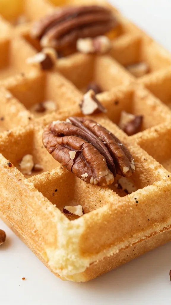 golden waffle edge with chopped pecans, shallow depth of field