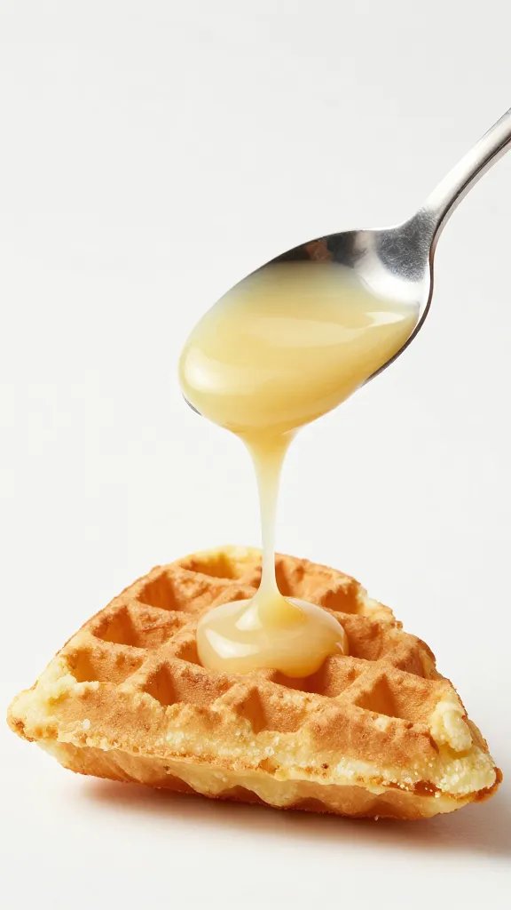 spoonful of vanilla custard dripping over waffle corner