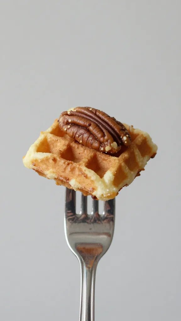 toasted pecan-studded waffle bite on silver fork