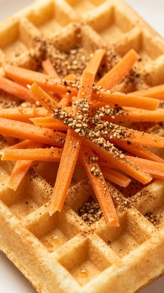 grated carrot strands on waffle surface with nutmeg sprinkle