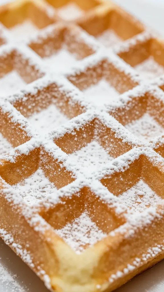 dusting of powdered sugar on waffle top, tight macro shot