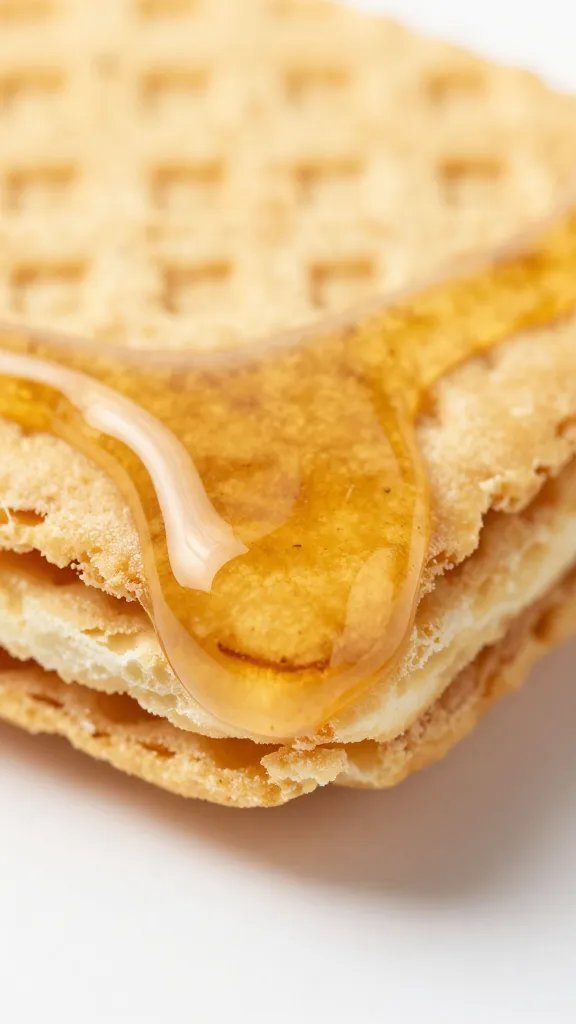 golden syrup drizzle on one flapjack corner, macro
