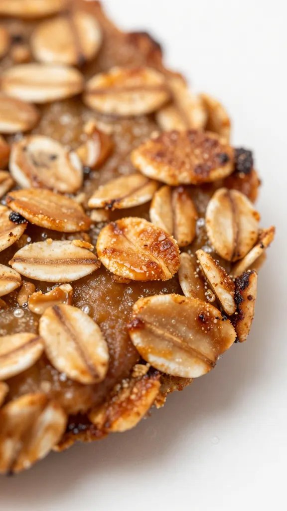 browned flapjack edge with crisp caramelized oats, macro