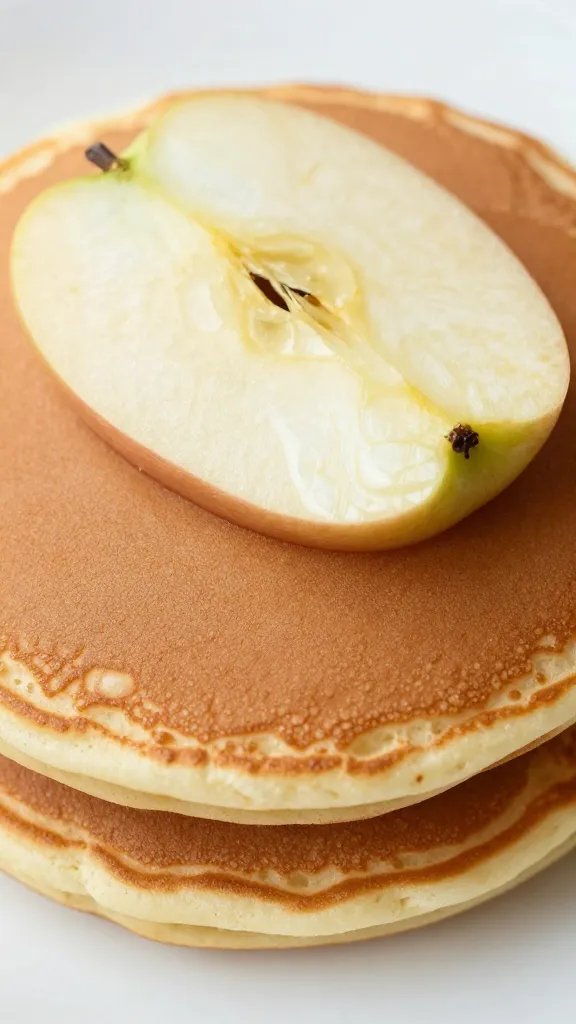 one flapjack topped with thin apple slice, closeup