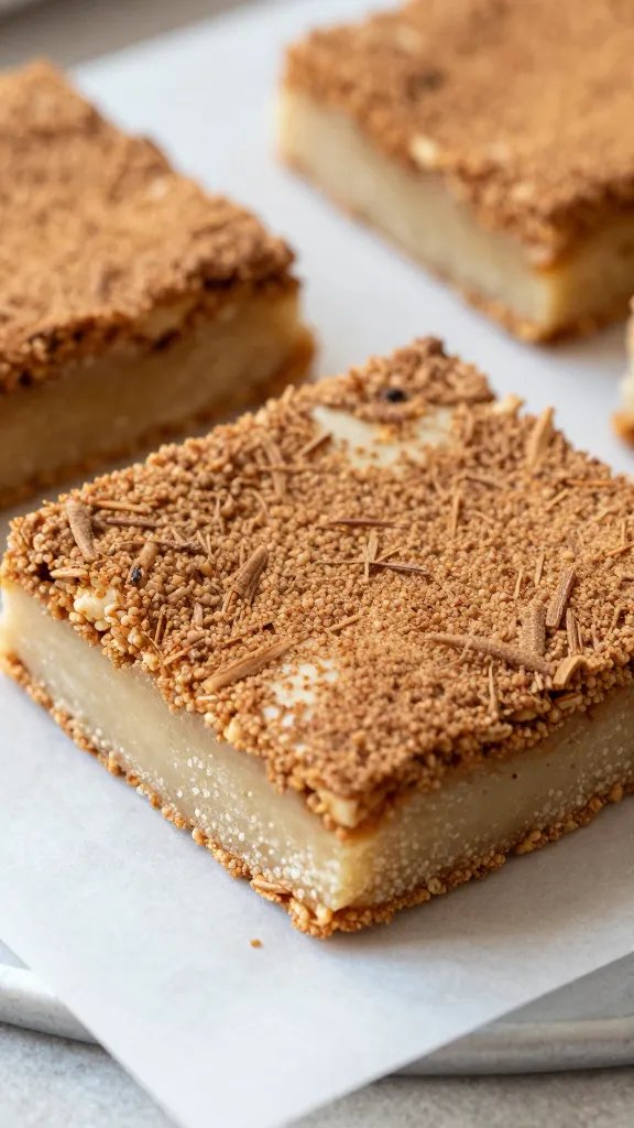 cinnamon-dusted flapjack square on parchment, closeup