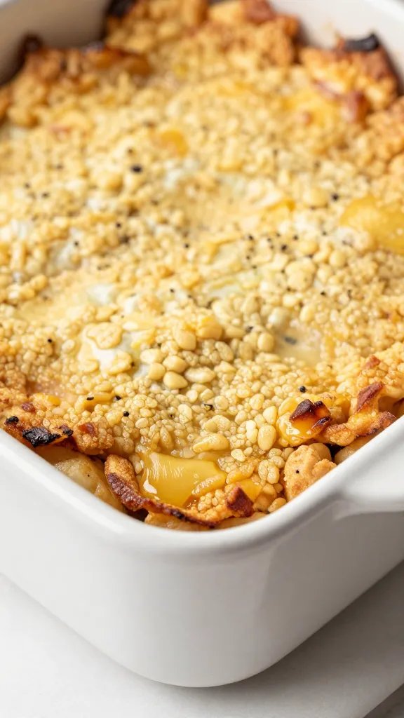 closeup of custardy flapjack casserole corner in baking dish