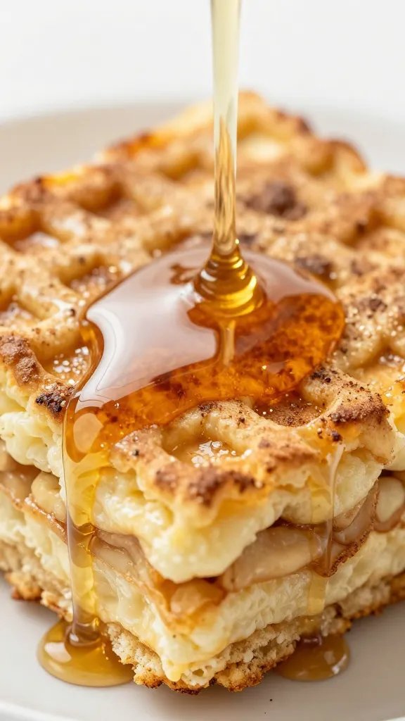 maple syrup drizzle over flapjack casserole square, macro shot