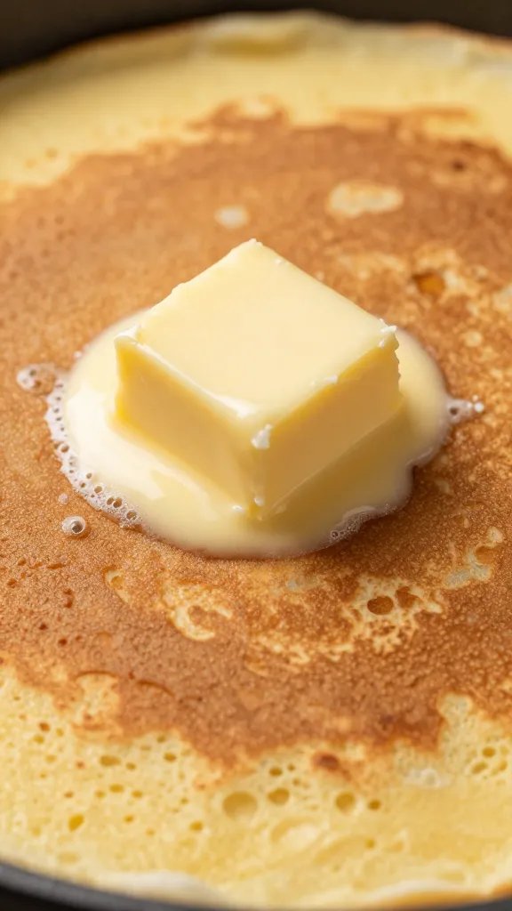 pat of melting butter on flapjack casserole surface, closeup